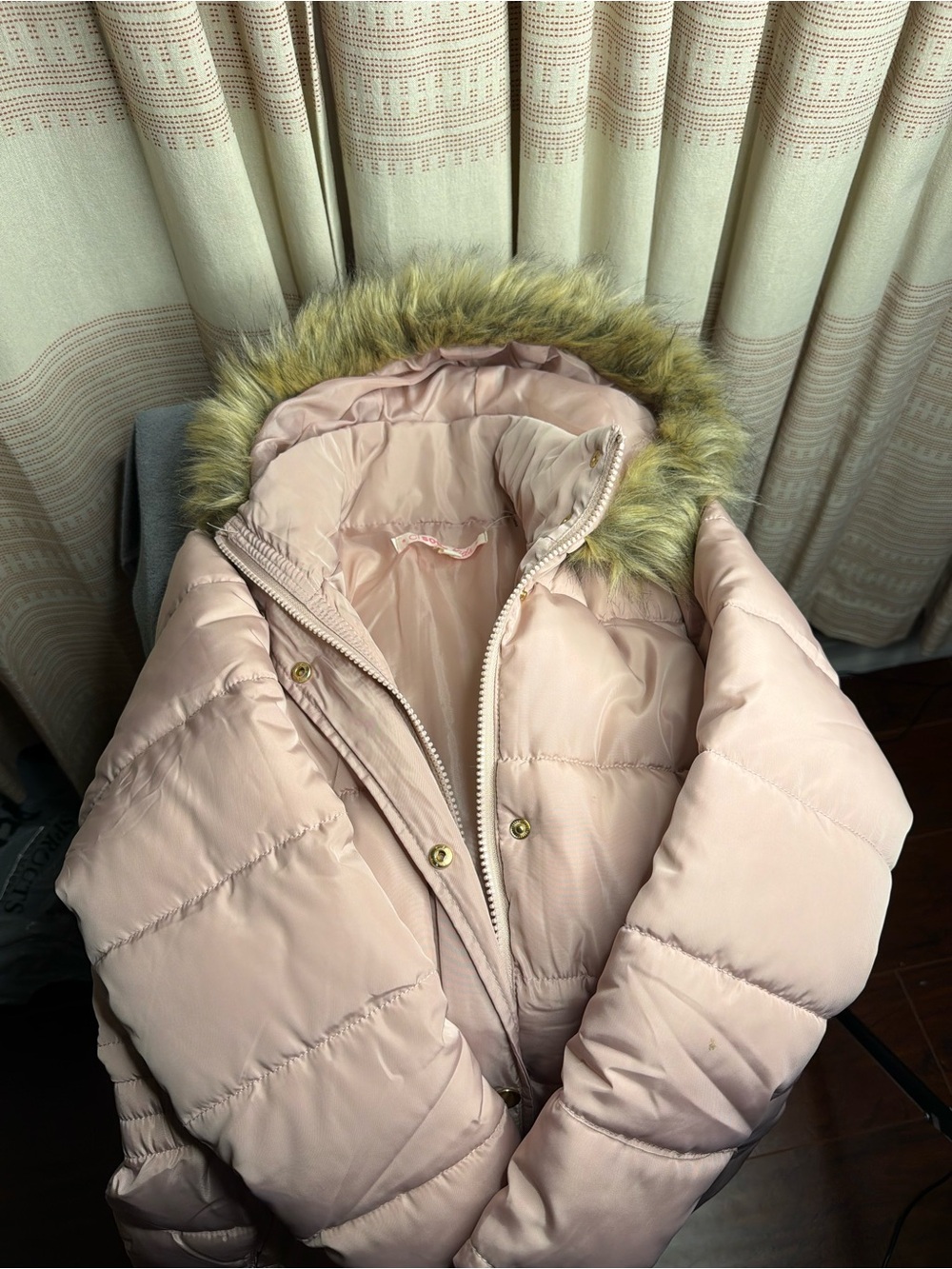Girls' Pale Pink Faux-Fur Trim Hooded Puffer Jacket